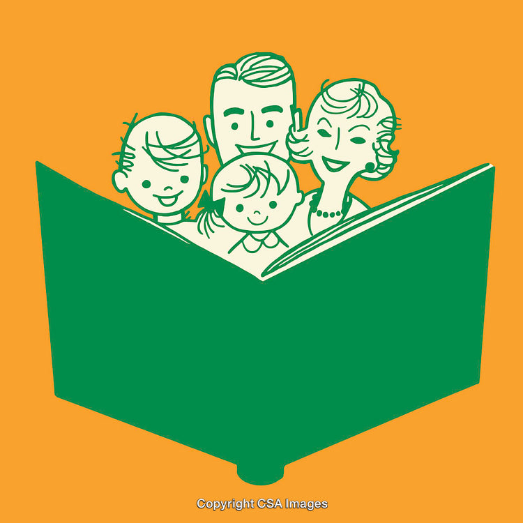 Family Reading a Book Together in Stylized Line Art Illustration