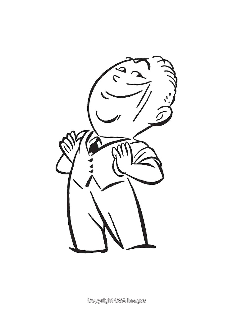 Cartoon Illustration of a Confident Smiling Man in Black and White Line Art