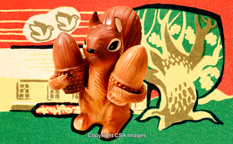 Decorative Plastic Squirrel Figure with Acorns and Colorful Nature Background