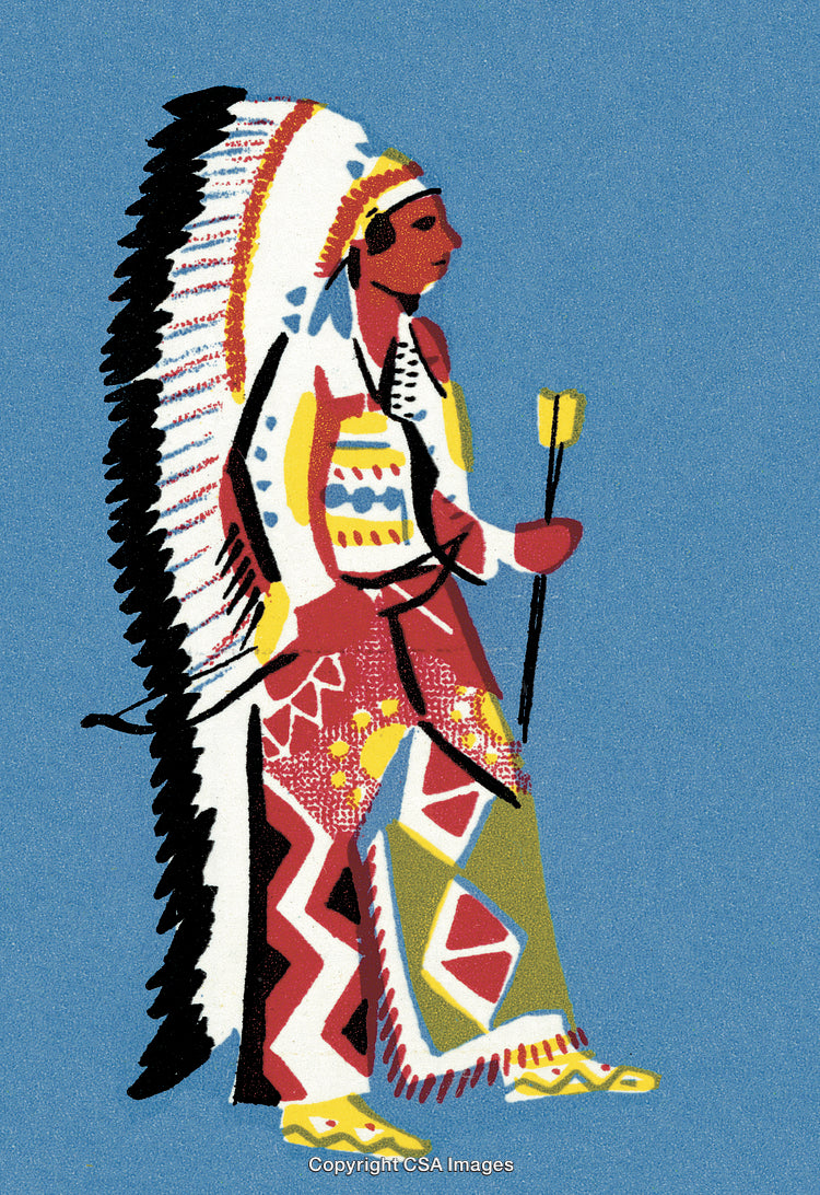 Vibrant Illustration of Native American Figure with Traditional Clothing and Headdress