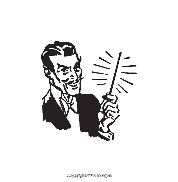 Black and White Illustration of a Man with a Magic Wand