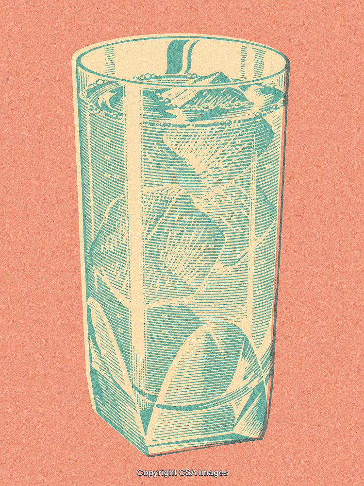Vintage Style Graphic of a Glass of Ice Water on Pink Background