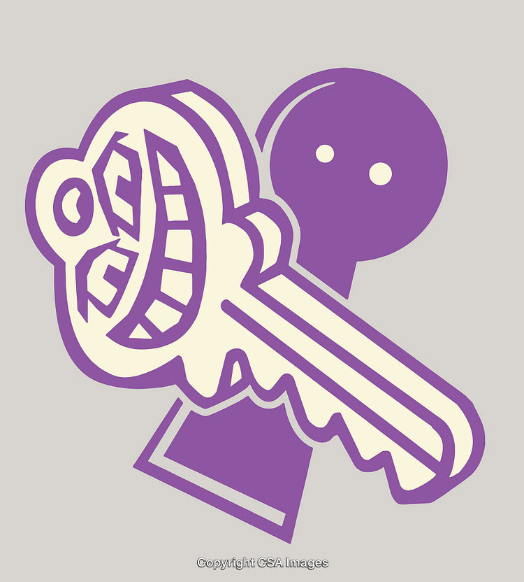 Purple Key Lock Illustration with Smiling Key and Keyhole Design