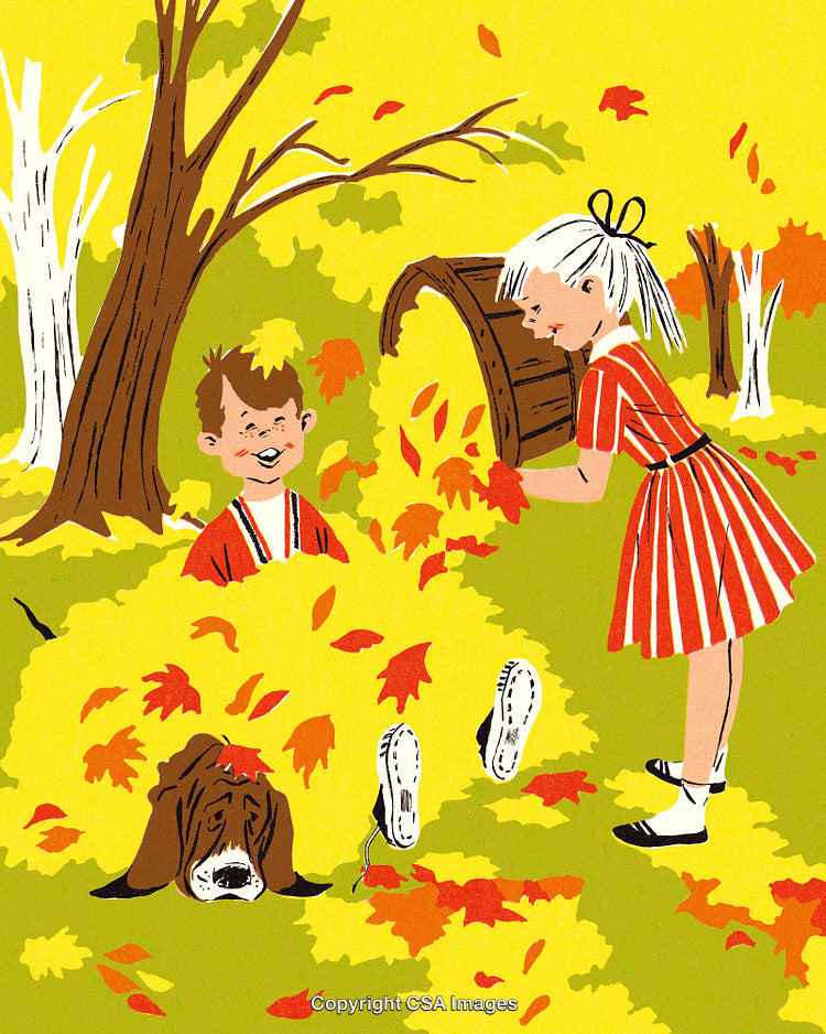 Children Playing Cheerfully in Autumn Leaves with a Dog in a Garden