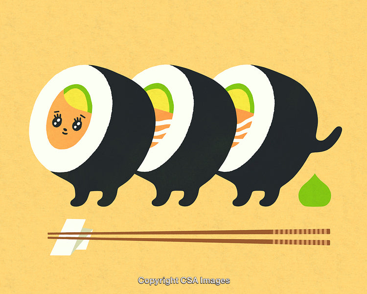 Cute Illustrated Sushi Rolls with Legs and Facial Expressions