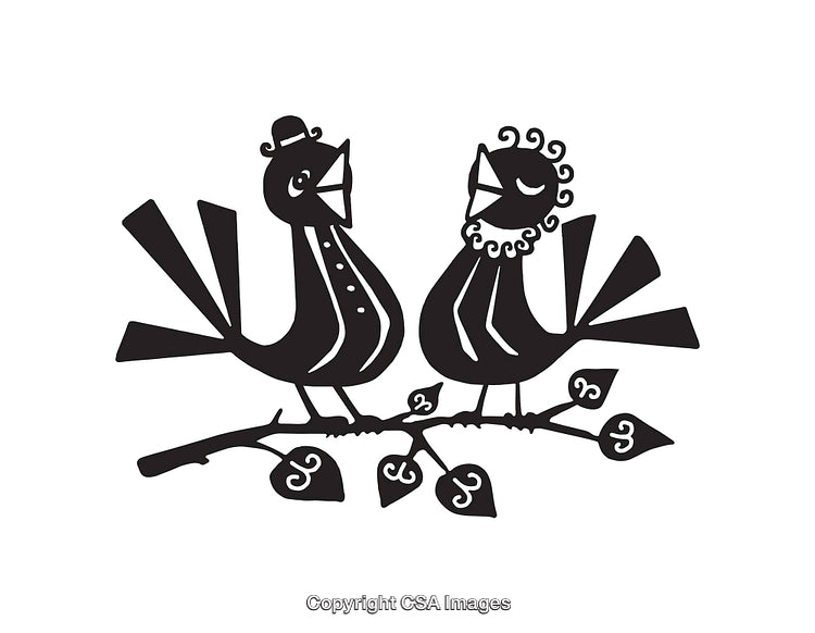 Stylized Black and White Line Art of Two Birds on a Branch