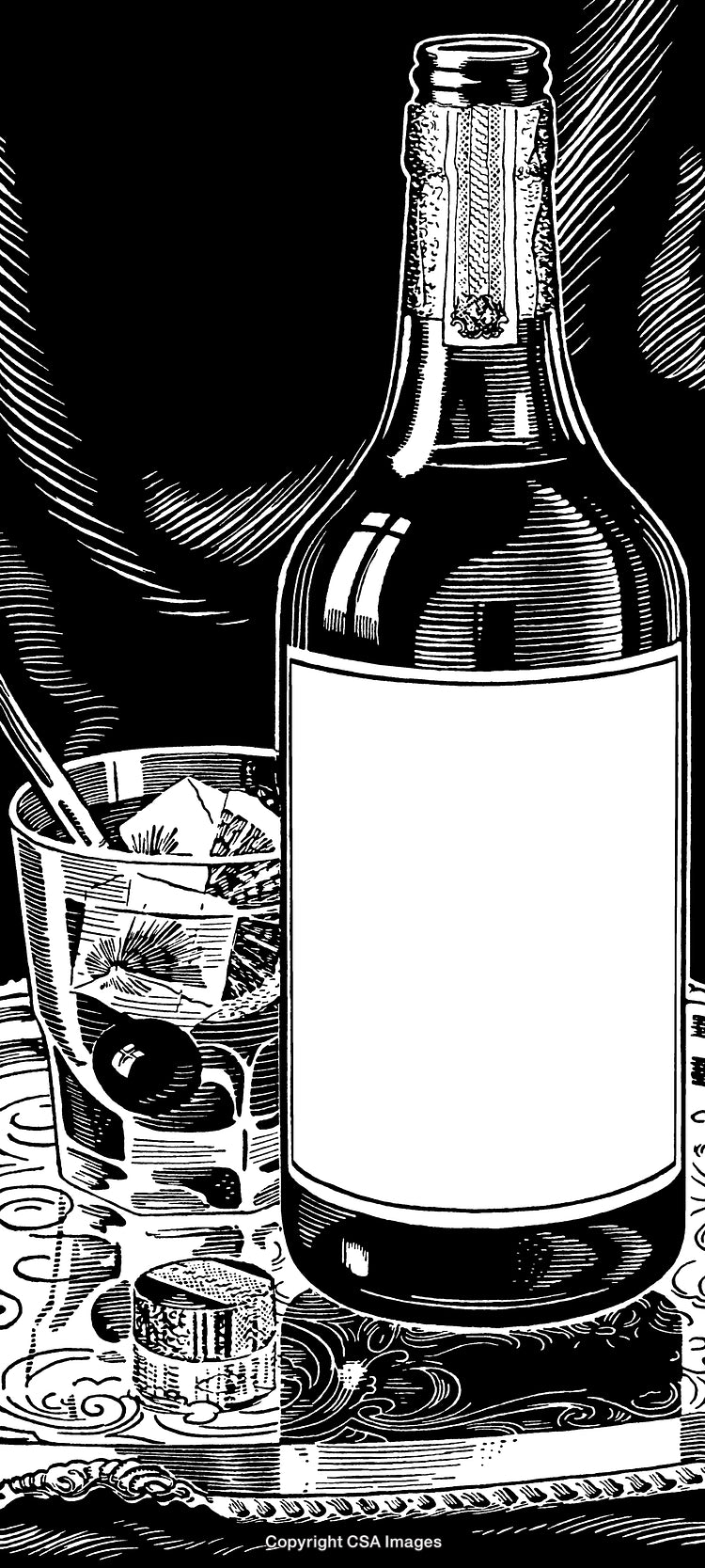 Intricate Black and White Engraving of a Bottle and Glass on a Tray