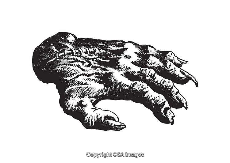 Detailed Black and White Illustration of a Monstrous Hand