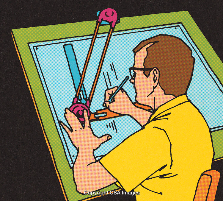 Man in Mid-Century Style Illustration Using Drafting Tools for Design