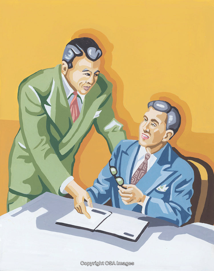 Two Men in Formal Attire Reviewing Documents in Retro Style Illustration