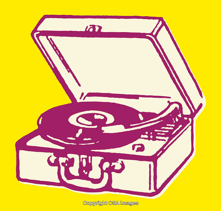Colorful Line Art Illustration of a Vintage Record Player on Yellow Background