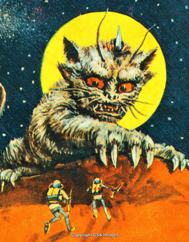 Astronauts Confront Giant Alien Cat on a Moonlit Alien Planet