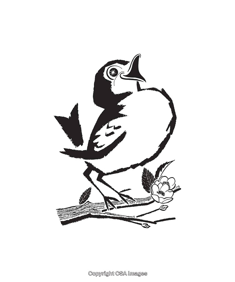 Vintage Black and White Line Art of a Singing Bird on a Branch