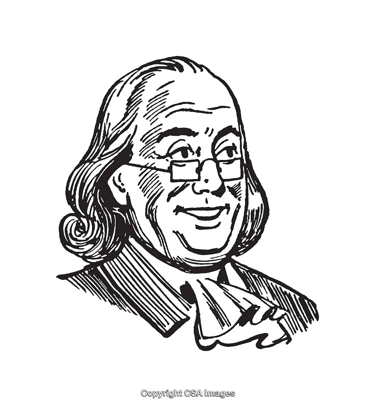 Black and White Line Art Portrait of a Historical Figure Wearing Glasses