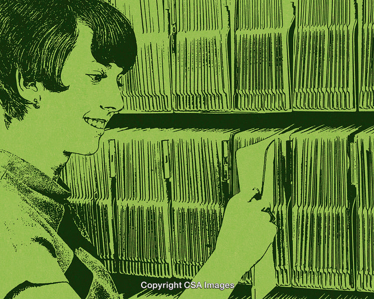 Vintage Illustration of a Woman Filing Documents with a Smiling Expression