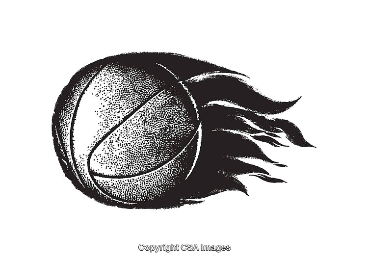 Hand-Drawn Flaming Basketball Illustration in Black and White