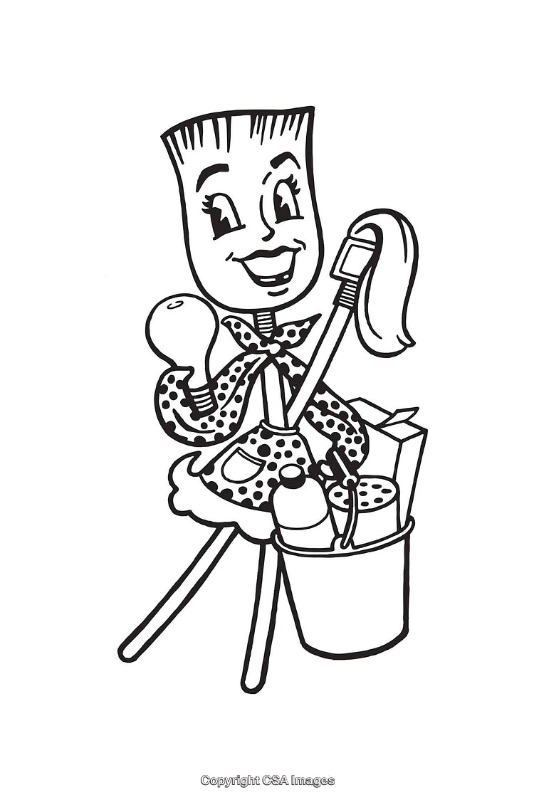 Charming Line Art Illustration of Anthropomorphic Cleaning Tools