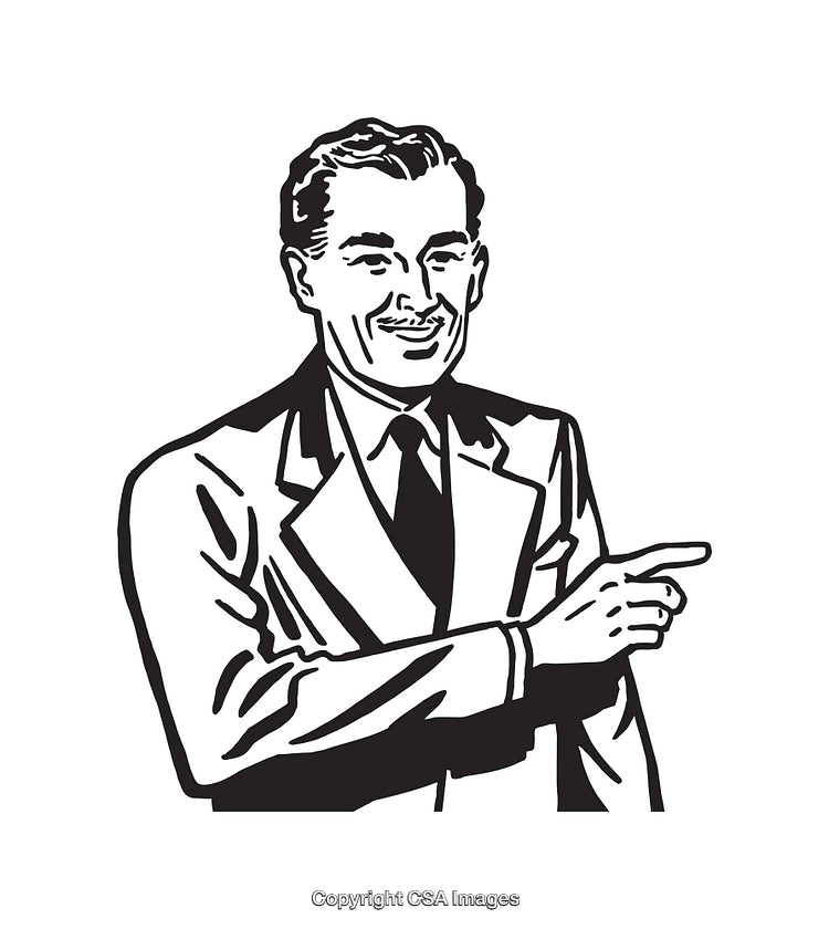 Retro Illustration of Businessman Pointing in Black and White Line Art Style