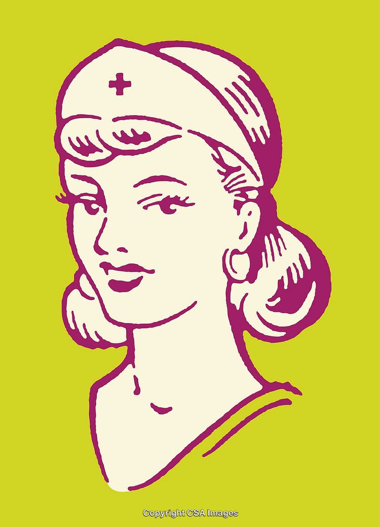 Retro Style Nurse Illustration in Yellow and Purple Color Scheme