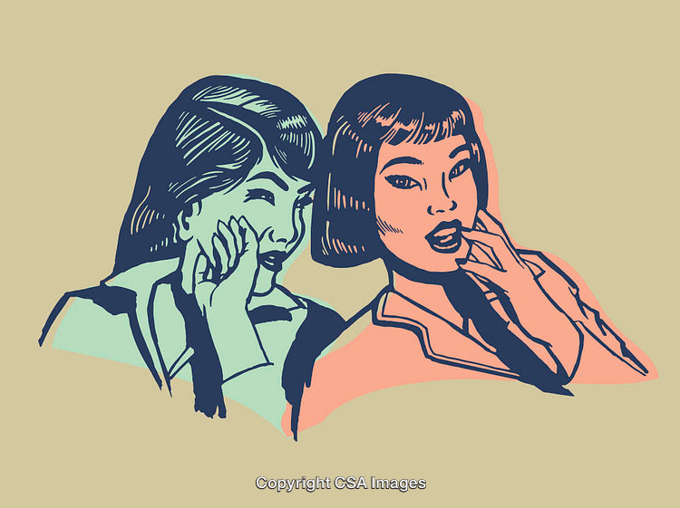 Colorful Retro Line Art Illustration of Two Women Sharing a Whisper