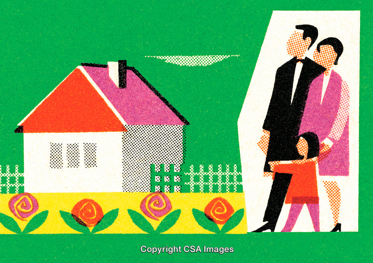 Retro Style Illustration of Family Standing by a Home with a Garden