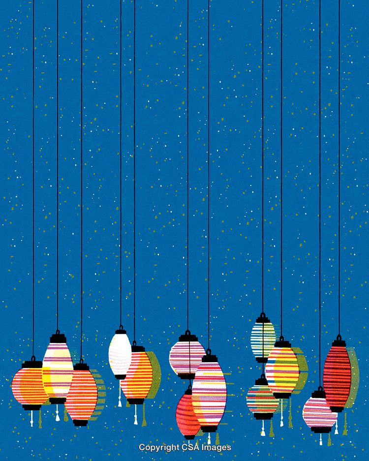 Colorful Lanterns Hanging Against a Starry Blue Background at Night