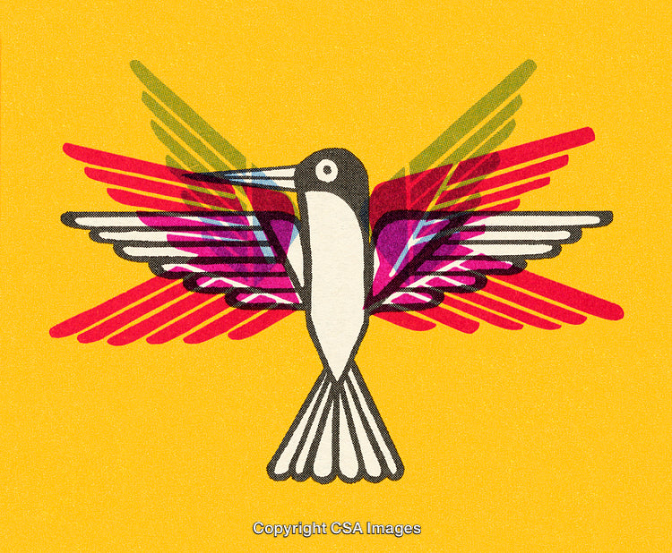 Abstract Art Featuring Colorful Hummingbird with Overlapping Wings on Yellow Background