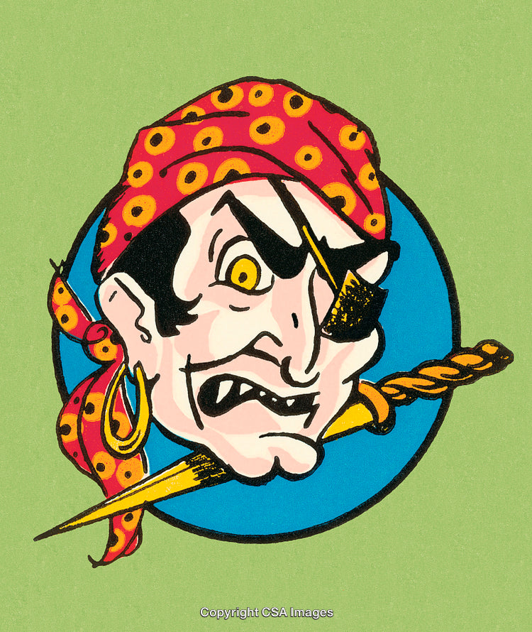 Illustration of a Pirate with Eye Patch and Dagger on Green Background