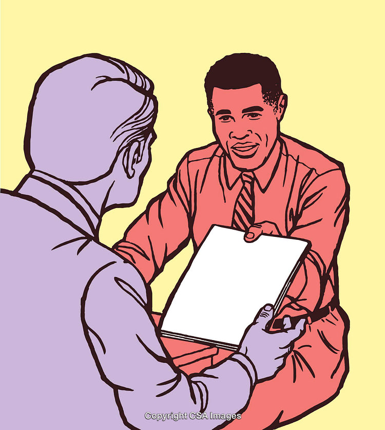 Illustration of Men Engaged in Professional Discussion Holding Document