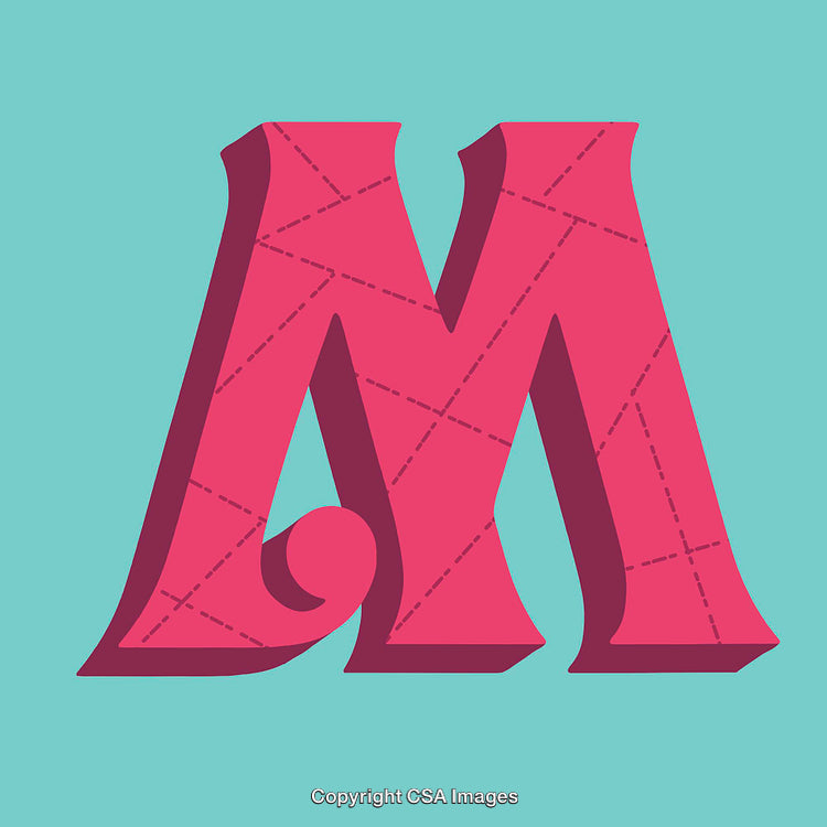 Bright Pink Letter M with Stitched Pattern on Blue Background