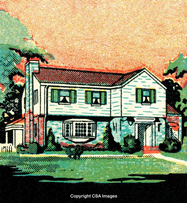 Vintage Illustration of a House with Lush Garden and Trees in Retro Style