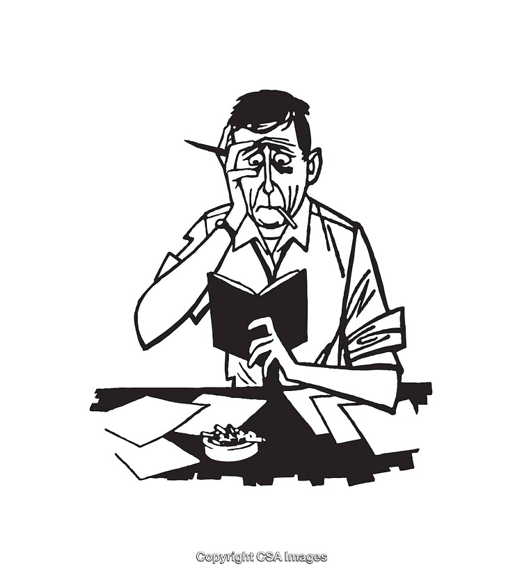 Black and White Line Art Depiction of a Man Reading at Desk