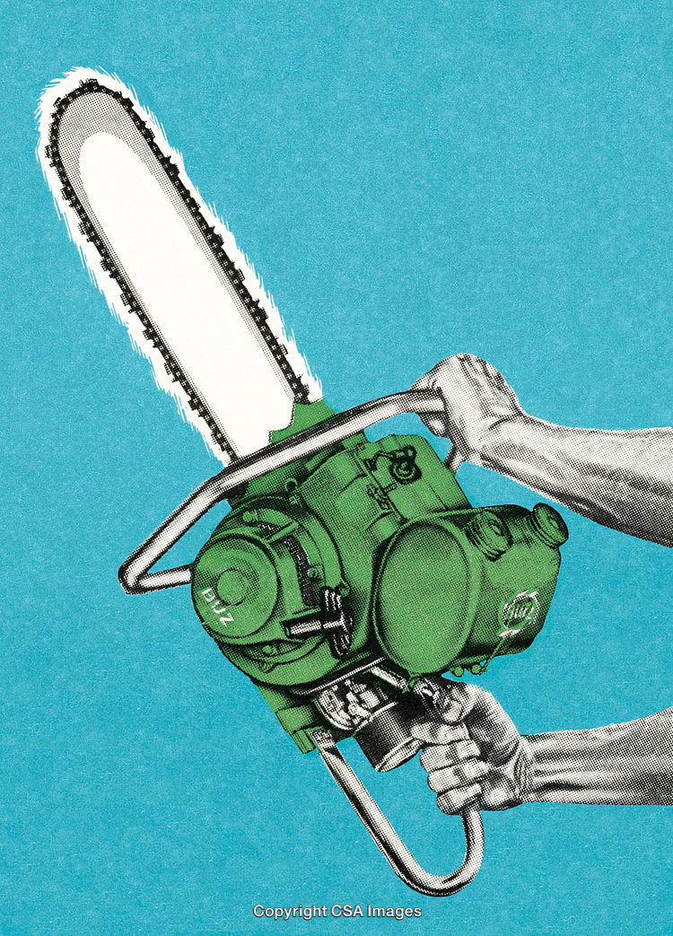Vintage-Style Illustration of a Green Chainsaw on Blue Background