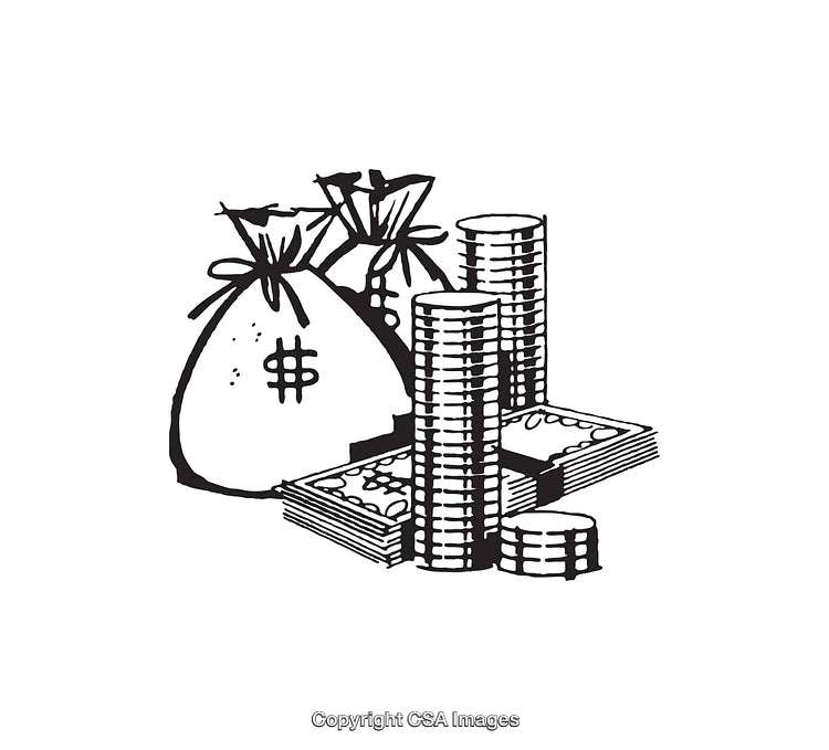 Black and White Illustration Depicting Stacks of Coins and Money Bags