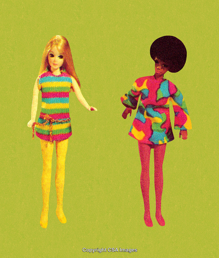 Retro Dolls Featuring Vibrant Clothing and Colorful Pop Art Design Patterns
