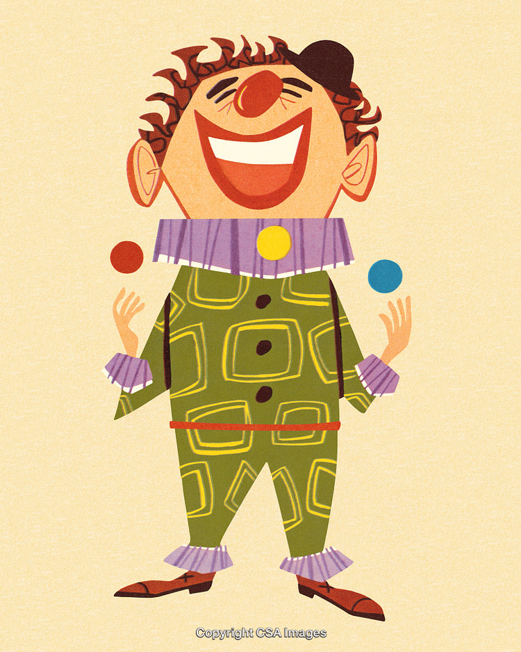 Playful Cartoon Clown in Colorful Outfit Juggling with Joyful Expression