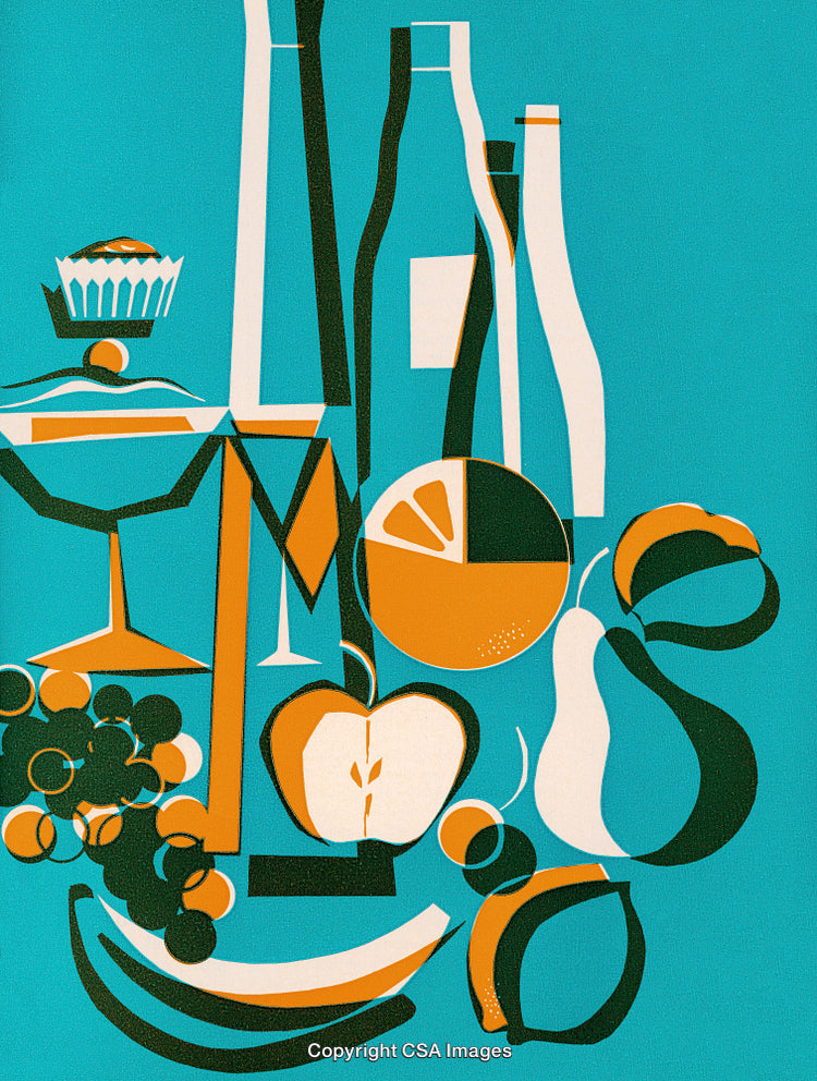 Modern Abstract Artwork Depicting Fruits, Glassware, and Bottles in Bold Colors
