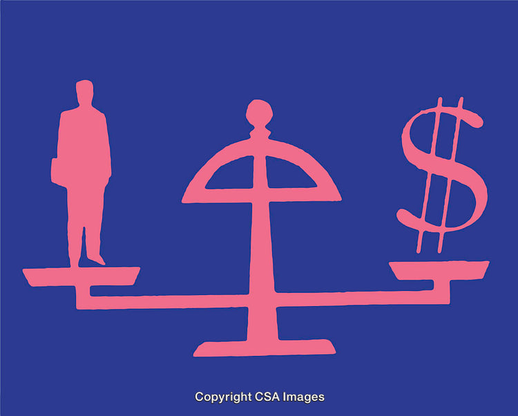 Illustration Representing Wealth and People Balancing on a Justice Scale