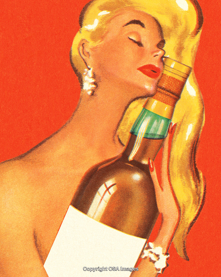 Vintage Illustration of a Glamorous Woman Holding a Stylish Bottle