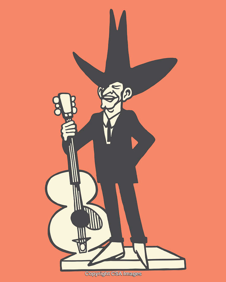Illustration of a Musician with a Guitar Wearing a Large Hat