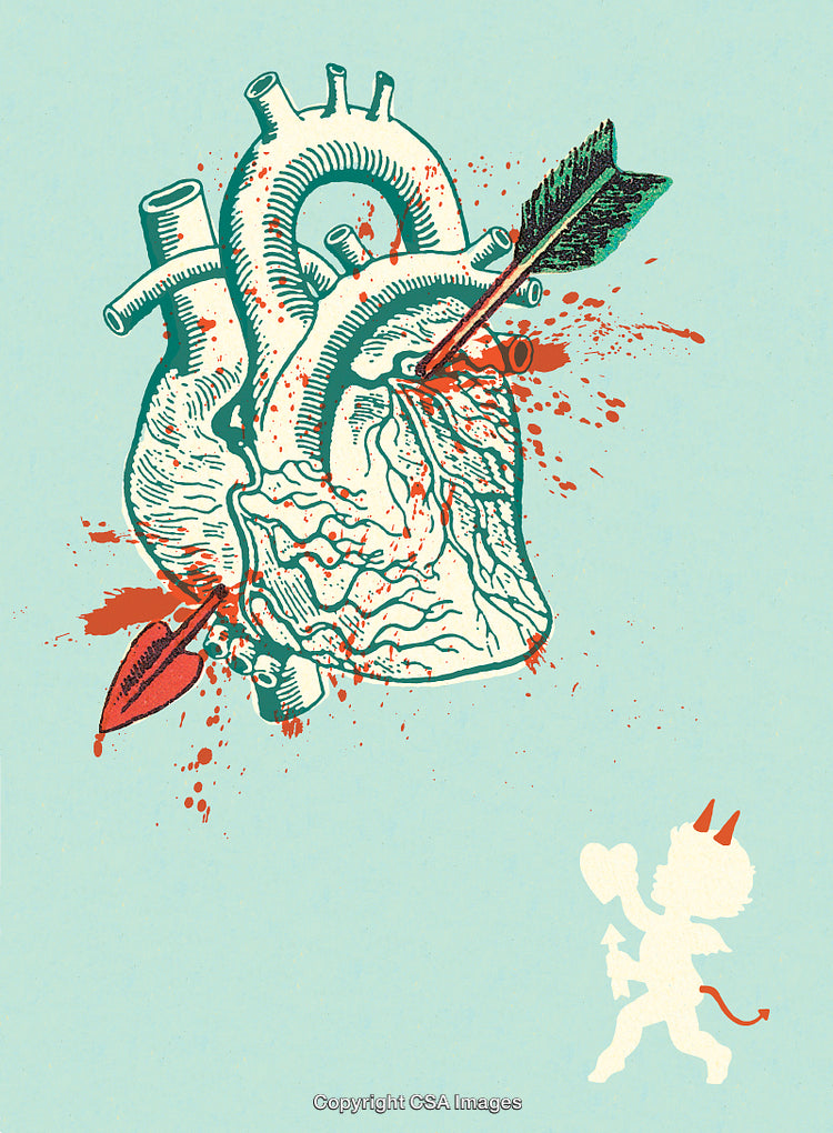 Anatomical Heart Pierced by Arrow with Devil Cupid Silhouette