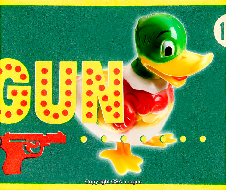 Retro Toy Duck with Artistic Text in Pop Art Style