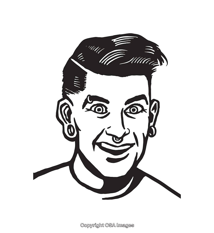 Smiling Person Line Art Illustration with Piercings and Styled Hair