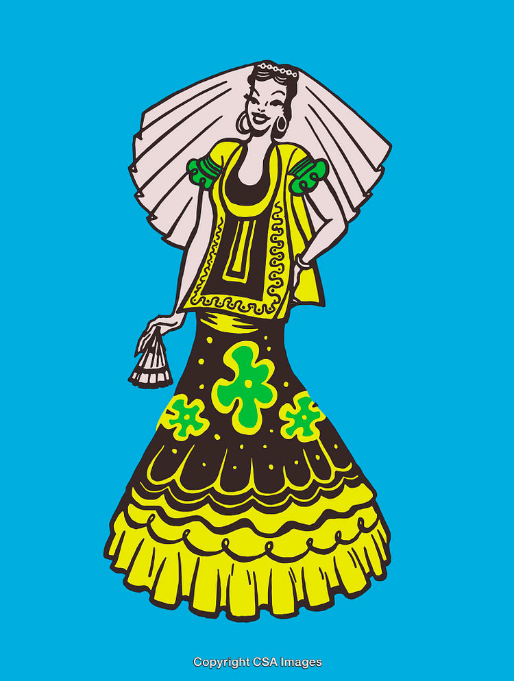 Colorful Illustration of a Woman in Traditional Dress with Patterns