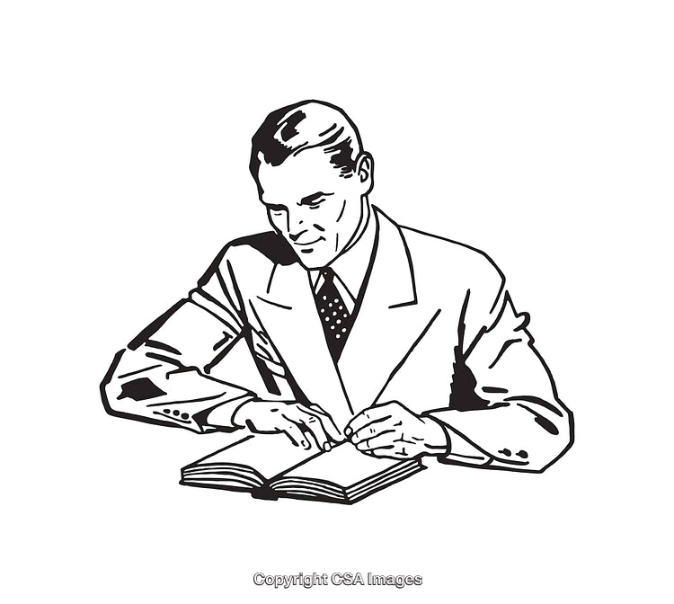 Vintage-Style Line Art of a Businessman Reading a Book