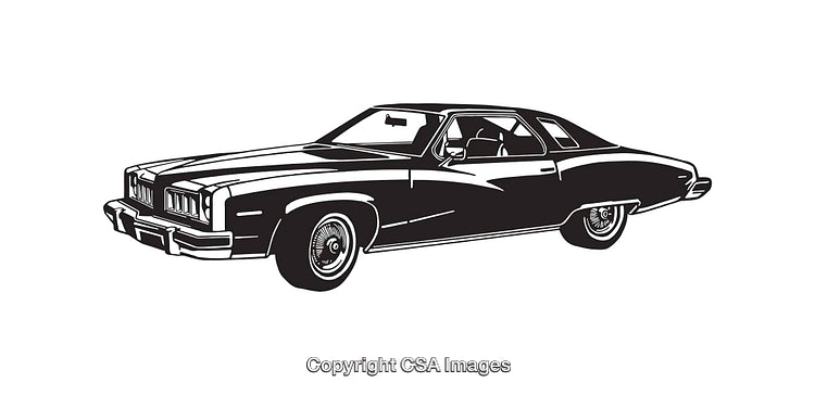 Black and White Line Art of Classic Vintage Car with Detailed Features