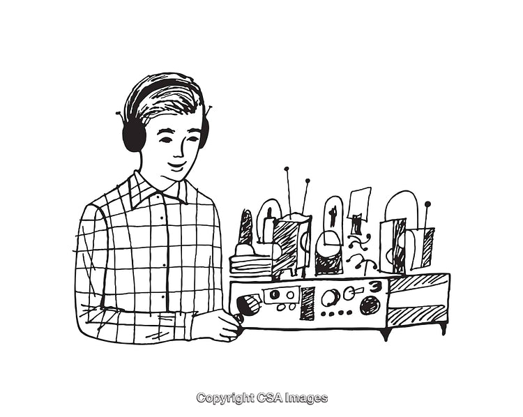 Hand-Drawn Black and White Line Art of Person Operating Radio Equipment