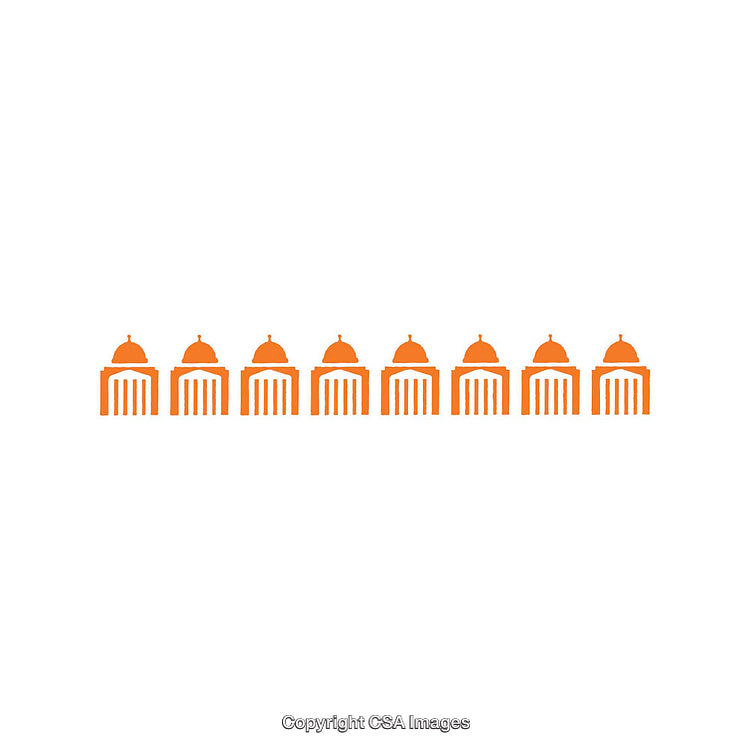 Orange Architectural Design Repeated Seven Times on a White Background