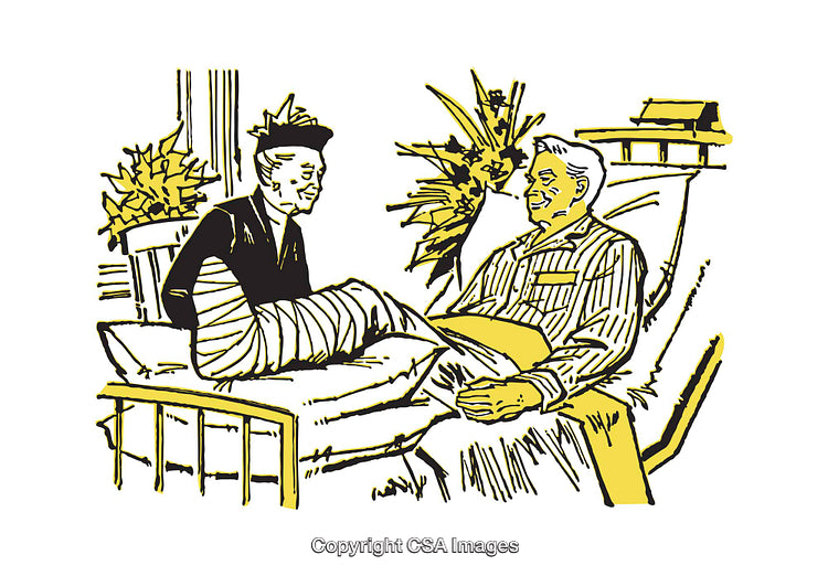 Illustration of Elderly Patient with Visitor in Hospital Setting