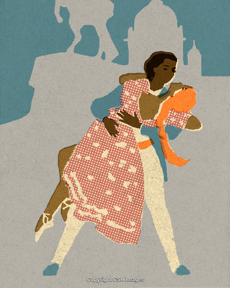 Romantic Couple Dancing in Vintage Style Artwork with Scenic Silhouette